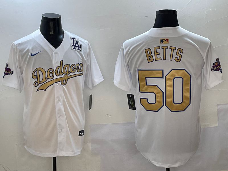 Men Los Angeles Dodgers #50 Betts White Champion gold character 2025 Nike MLB Jersey style 10